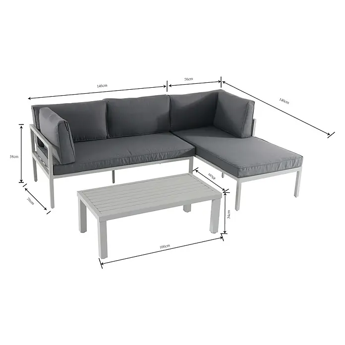 Sunfun Hannah Conjunto de muebles - 3 pzs., Aluminio, Gris claro - Conjunto de sofá esquinero de exterior gris con estructura blanca y mesa de centro rectangular.