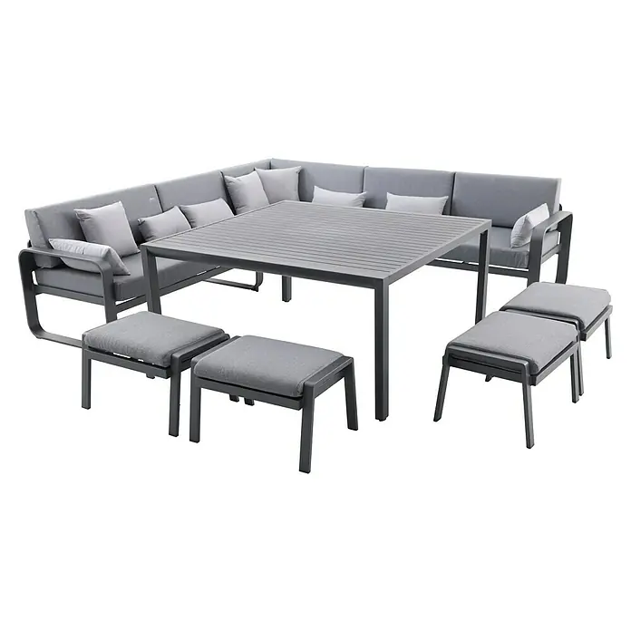 Conjunto de muebles Olivia - 8 pzs., Aluminio, Antracita - Conjunto lounge de exterior de aluminio gris con sofá esquinero, mesa rectangular y cuatro otomanas.