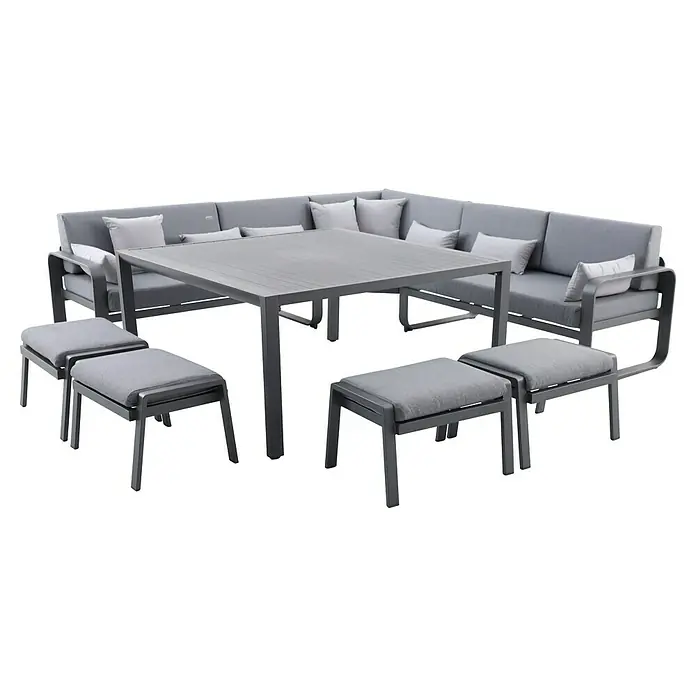 Conjunto de muebles Olivia - 8 pzs., Aluminio, Antracita - Conjunto de sofá esquinero exterior gris con mesa rectangular y cuatro taburetes a juego, con estructura de metal y cojines grises.