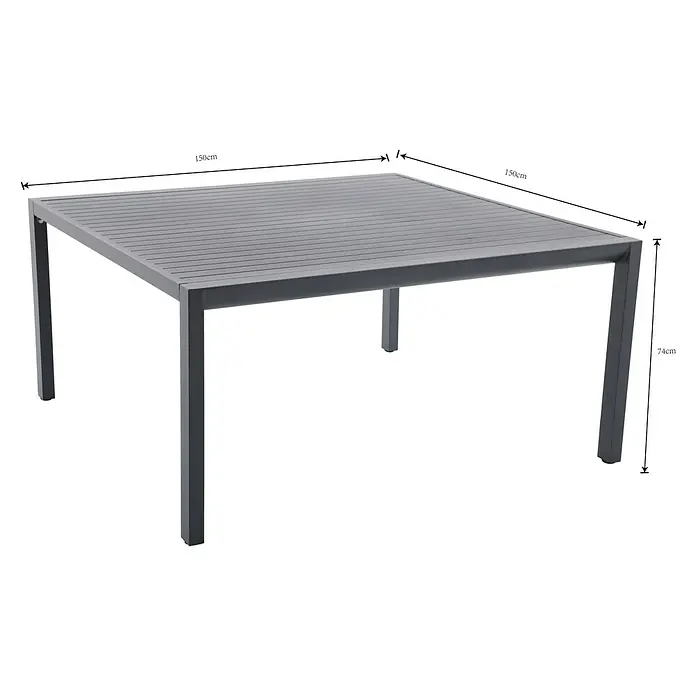 Conjunto de muebles Olivia - 8 pzs., Aluminio, Antracita - Mesa de comedor cuadrada gris oscuro para exterior, 150x150x74cm, con tablero de lamas.