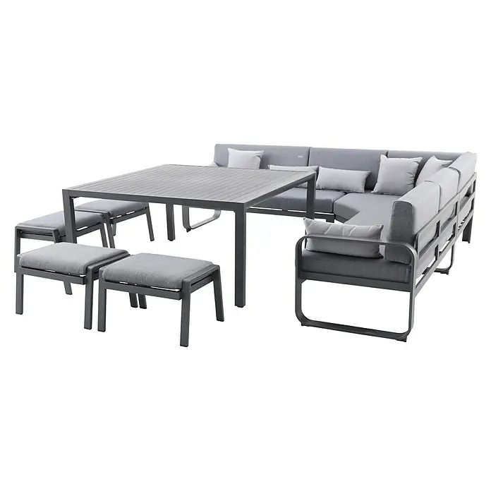 Conjunto de muebles Olivia - 8 pzs., Aluminio, Antracita - Conjunto modular de muebles de exterior gris con sofá acolchado, mesa de comedor cuadrada y bancos.