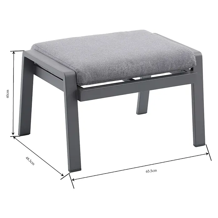 Conjunto de muebles Olivia - 8 pzs., Aluminio, Antracita - Puf exterior gris con estructura metálica y cojín de tela, 65,5 cm ancho, 48,5 cm fondo, 40 cm alto.