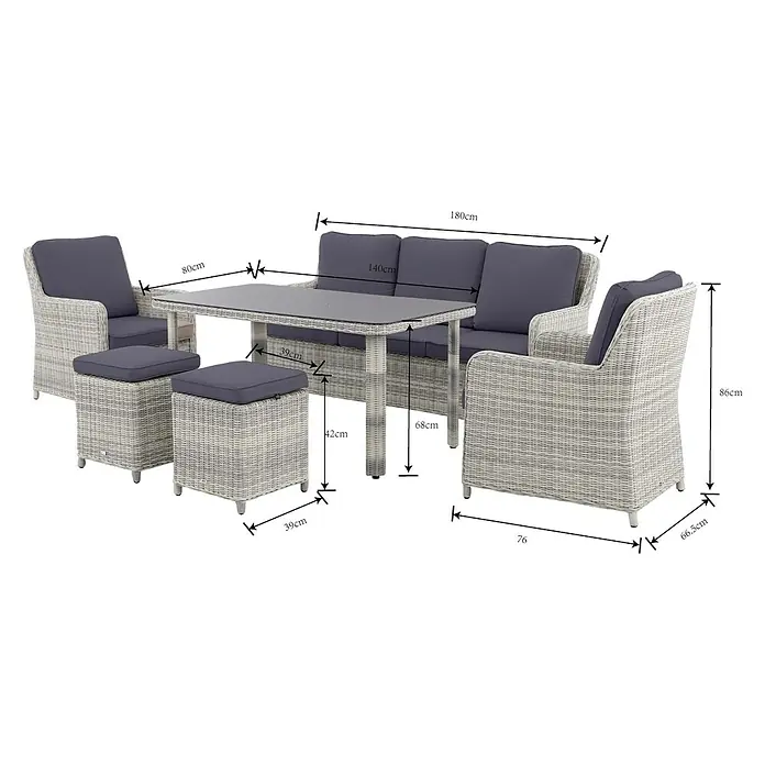 Conjunto de muebles Lodrino - 6 pzs., Aluminio/Olefin, Beige/Gris - Conjunto de muebles de jardín de mimbre gris claro con cojines gris oscuro, incluyendo un sofá, dos sillas, mesa y dos otomanas.