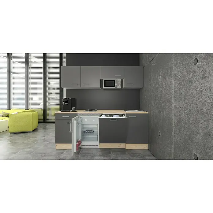 Flex-Well Tiago Singleküche - Breite: 210 cm, Grau, Mit 2-Platten-Kochfeld & Mikrowelle - Moderne, dunkelgraue Miniküche mit heller Holzplatte, integriertem Kühlschrank, Geschirrspüler, Kochfeld, Mikrowelle und Kaffeemaschine.