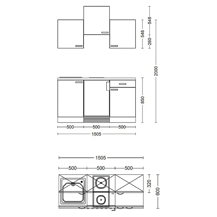 Flex-Well Wito Singleküche - Breite: 150 cm, Weiß, Mit 2-Zonen-Glaskeramikkochfeld - Technische Zeichnung einer Küchenzeile mit Maßangaben für Unter- und Oberschränke, inklusive Spüle und Kochfeld.