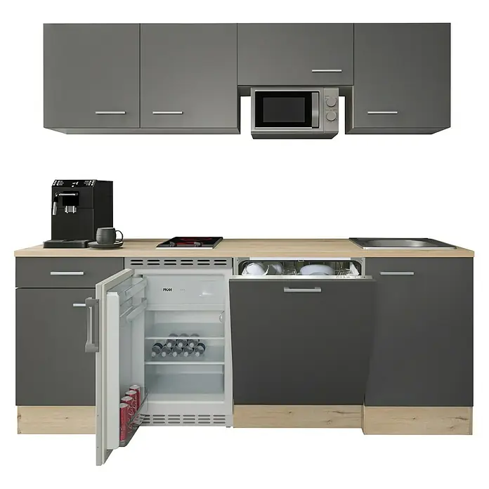 Flex-Well Tiago Singleküche - Breite: 210 cm, Grau, Mit 2-Zonen-Glaskeramikkochfeld und Mikrowelle - Graue Küchenzeile mit hellen Holzarbeitsplatten, Kaffeemaschine, Mikrowelle, Kochfeld, Spüle, offenem Kühlschrank und Spülmaschine.