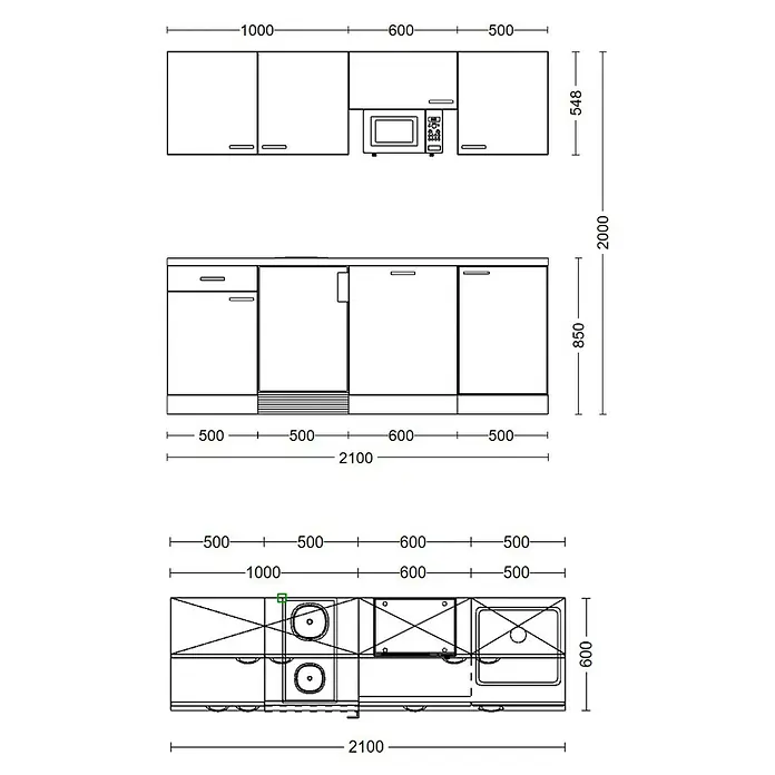Flex-Well Samoa Singleküche - Breite: 210 cm, Weiß/Braun, Mit 2-Zonen-Glaskeramikkochfeld und Mikrowelle - Technische Zeichnung eines Küchenschranklayouts mit Maßen, zeigt Ober- und Unterschränke, Geräte und eine Arbeitsplatte.
