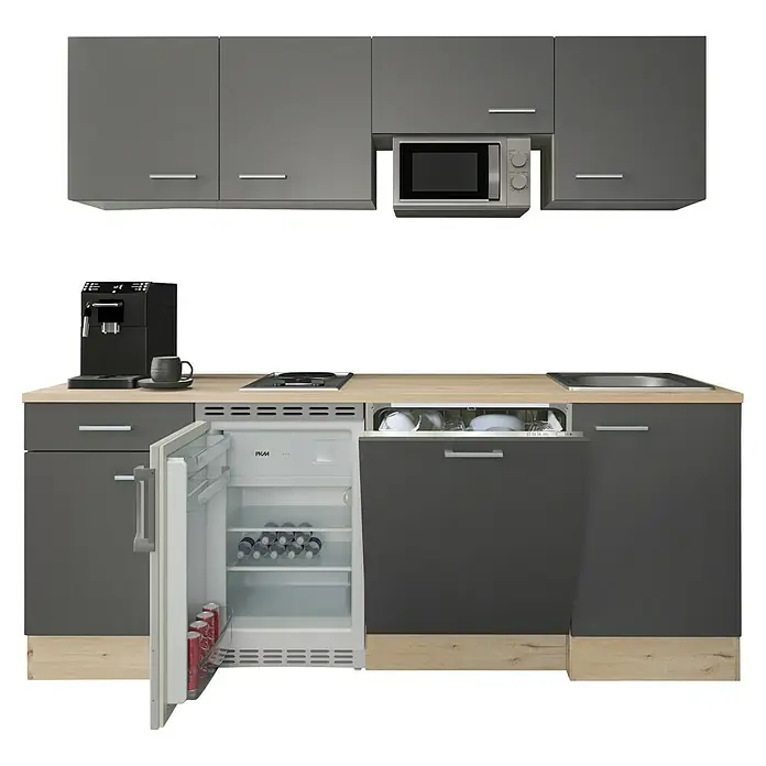 Flex-Well Tiago Singleküche - Breite: 210 cm, Grau, Mit 2-Platten-Kochfeld & Mikrowelle - Graue modulare Küche mit heller Holzoptik-Arbeitsplatte, integriertem Kühlschrank, Geschirrspüler, Mikrowelle, Kochfeld, Spüle und Kaffeemaschine.