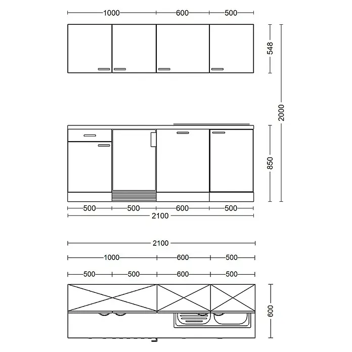 Flex-Well Tiago Singleküche Typ 1 - Breite: 210 cm, Grau, Mit Elektrogeräten - Detaillierte technische Zeichnung von Küchenschränken mit Vorder- und Draufsicht und präzisen Maßen für die Installation.