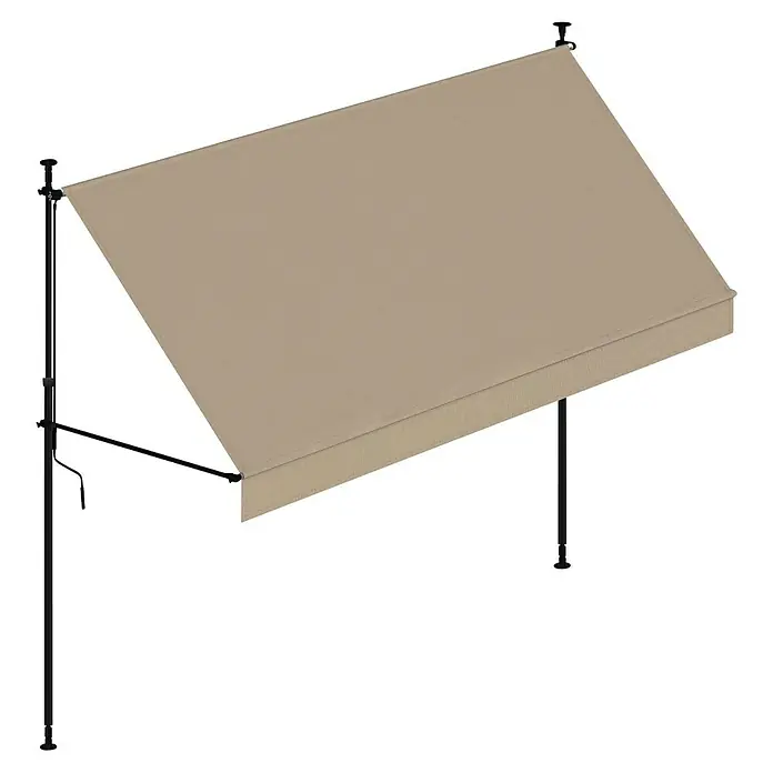 SmartSun Toldo para balcón Axis - Beige, Ancho: 2,95 m, Caída: 1,2 m - Toldo exterior retráctil beige con postes negros, visto desde una perspectiva angulada.