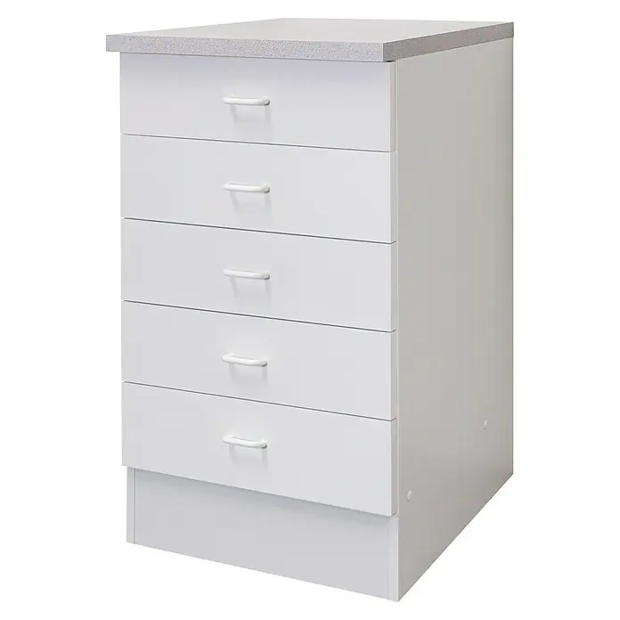 Flex-Well Rapido Küchen-Unterschrank - 50 x 50 x 85 cm, Dekor Front: Weiß - Weiße Kommode mit fünf Schubladen, weißen Griffen und einer gesprenkelten grauen Oberfläche.