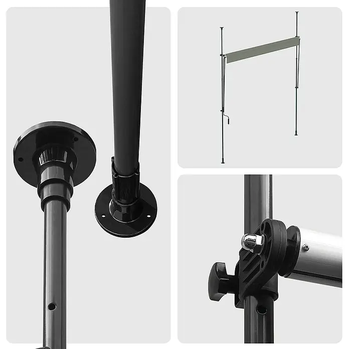 SmartSun Toldo para balcón Axis - Gris, Ancho: 2,95 m, Caída: 1,2 m - Tendedero de poste telescópico gris oscuro, con soportes superior/inferior y barra de secado ajustable con manivela.