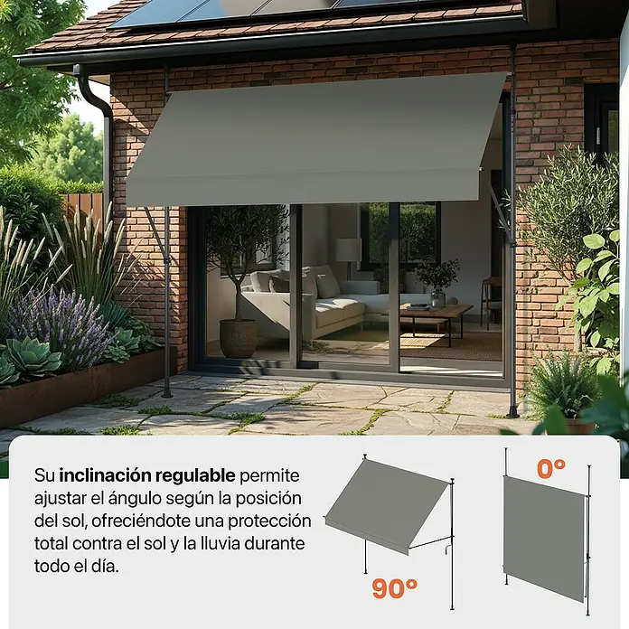 SmartSun Toldo para balcón Axis - Gris, Ancho: 2,95 m, Caída: 1,2 m - Toldo gris extensible con inclinación regulable sobre un patio. Los diagramas muestran ángulos de 0° y 90°.