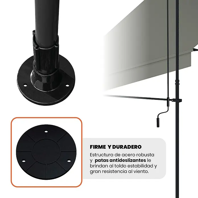 SmartSun Toldo para balcón Axis - Gris, Ancho: 2,95 m, Caída: 1,2 m - Poste negro de toldo con estructura de acero robusta, base redonda antideslizante con orificios de montaje y manivela.