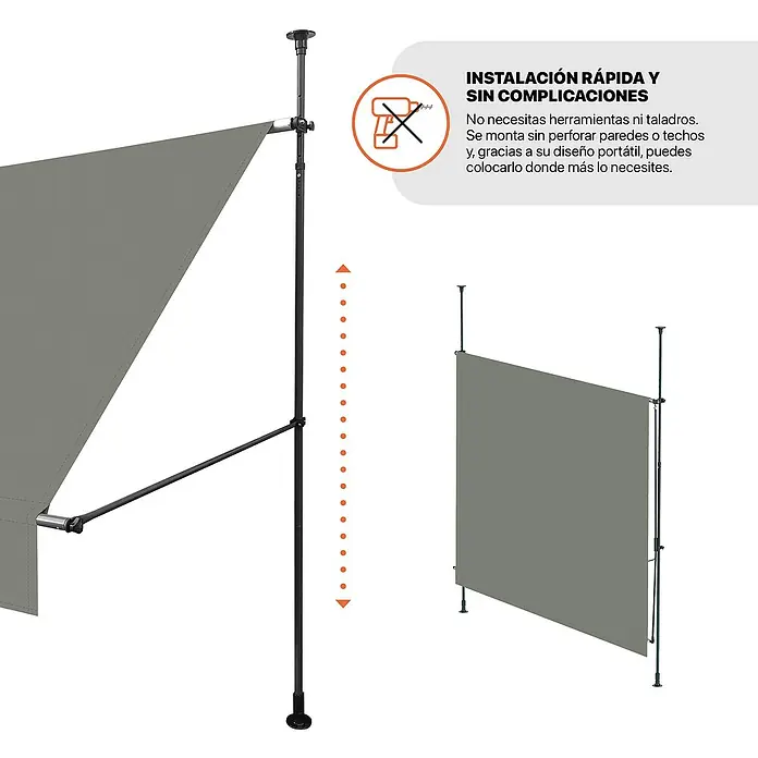 SmartSun Toldo para balcón Axis - Gris, Ancho: 2,95 m, Caída: 1,2 m - Separador de ambientes gris con postes negros ajustables. Instalación rápida y sin herramientas.