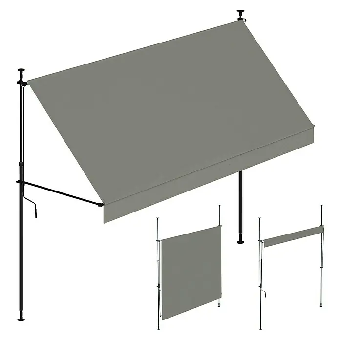 SmartSun Toldo para balcón Axis - Gris, Ancho: 2,95 m, Caída: 1,2 m - Toldo gris retráctil con postes de soporte negros y pantallas laterales/frontales a juego.