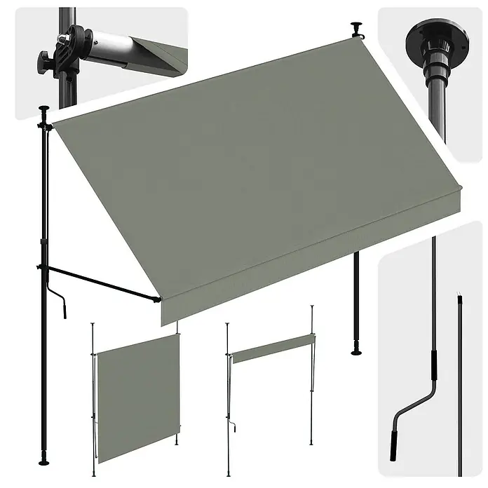 SmartSun Toldo para balcón Axis - Gris, Ancho: 2,95 m, Caída: 1,2 m - Toldo retráctil manual gris con postes de soporte y paneles de privacidad opcionales, vistas detalladas de manivela y herrajes.
