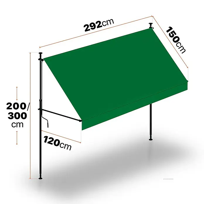 SmartSun Toldo para balcón Axis - Verde, Ancho: 2,95 m, Caída: 1,2 m - Toldo verde con dimensiones: 292cm de ancho, 150cm de proyección, 200-300cm de altura de poste ajustable y 120cm de altura libre frontal.