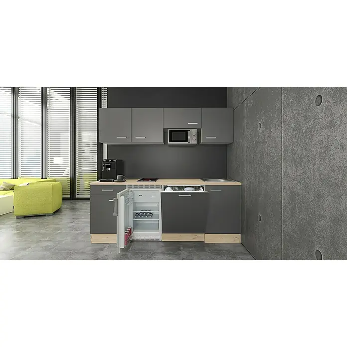 Flex-Well Tiago Singleküche - Breite: 210 cm, Grau, Mit 2-Zonen-Glaskeramikkochfeld und Mikrowelle - Kompakte dunkelgraue Küchenzeile mit heller Holzplatte, integrierten Geräten, offenem Kühlschrank und Geschirrspüler in moderner Wohnung.