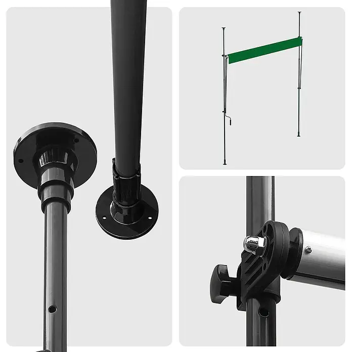 SmartSun Toldo para balcón Axis - Verde, Ancho: 2,95 m, Caída: 1,2 m - Toldo verde retráctil con postes de soporte ajustables oscuros y accesorios de montaje.