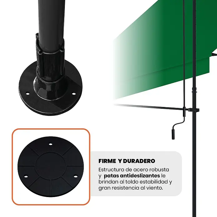 SmartSun Toldo para balcón Axis - Verde, Ancho: 2,95 m, Caída: 1,2 m - Primer plano de la base y pata antideslizante de un toldo negro, con lona verde y manivela.