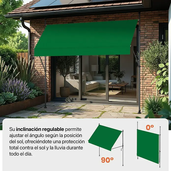 SmartSun Toldo para balcón Axis - Verde, Ancho: 2,95 m, Caída: 1,2 m - Toldo verde regulable sobre un patio, ofrece protección solar y contra la lluvia.