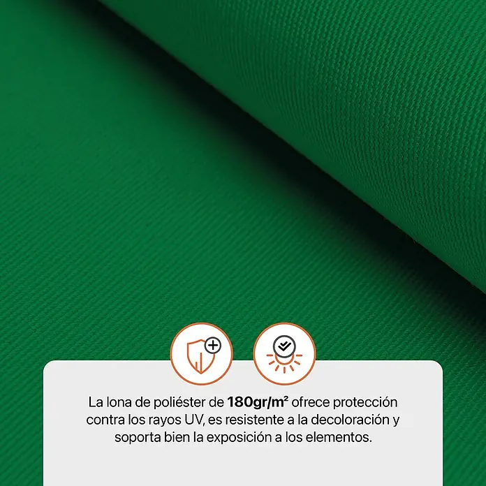 SmartSun Toldo para balcón Axis - Verde, Ancho: 2,95 m, Caída: 1,2 m - Lona de poliéster verde de 180 g/m², plegada mostrando su tejido resistente, con protección UV y resistente a la decoloración.
