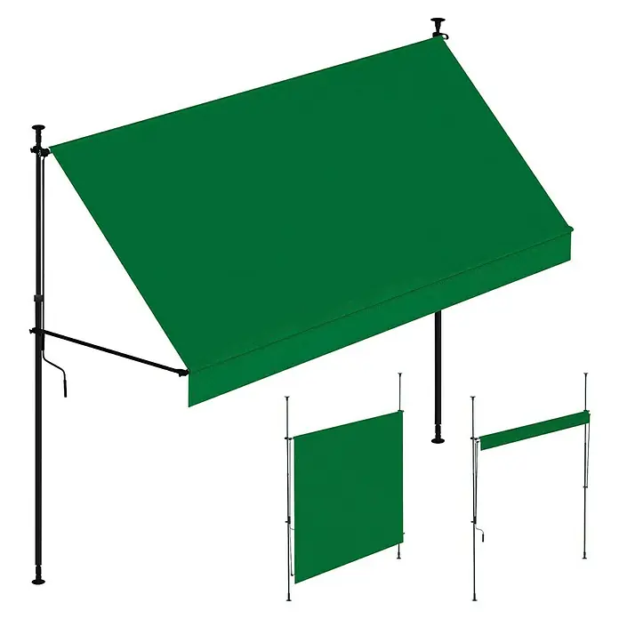 SmartSun Toldo para balcón Axis - Verde, Ancho: 2,95 m, Caída: 1,2 m - Toldo verde retráctil con marco negro y dos pantallas de privacidad verdes de tela con postes negros.