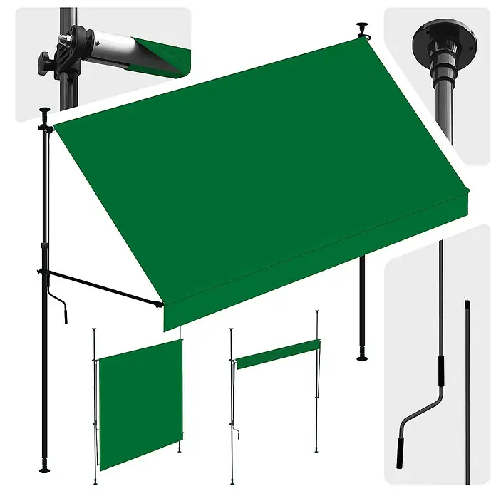 SmartSun Toldo para balcón Axis - Verde, Ancho: 2,95 m, Caída: 1,2 m - Sistema de toldo verde con postes de soporte negros y manivela. Incluye paneles laterales/frontales adicionales.