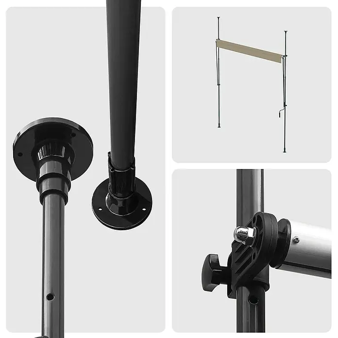 SmartSun Toldo para balcón Axis - Beige, Ancho: 2,95 m, Caída: 1,2 m - Divisor de ambientes ajustable con postes oscuros, un panel retráctil beige y herrajes negros.