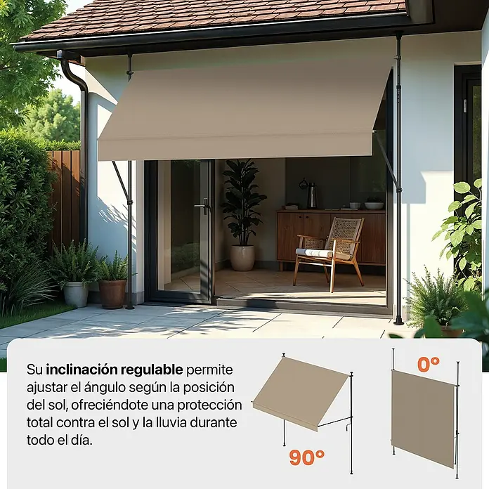 SmartSun Toldo para balcón Axis - Beige, Ancho: 2,95 m, Caída: 1,2 m - Toldo retráctil beige extendido desde una casa, cubriendo un patio. Su ángulo ajustable ofrece protección solar y contra la lluvia.