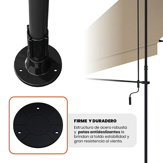 SmartSun Toldo para balcón Axis - Beige, Ancho: 2,95 m, Caída: 1,2 m - Base de toldo de metal negro y dosel beige con manivela. Estructura de acero robusta y patas antideslizantes para estabilidad.