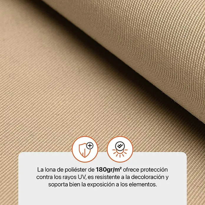 SmartSun Toldo para balcón Axis - Beige, Ancho: 2,95 m, Caída: 1,2 m - Primer plano de una lona de poliéster beige de 180g/m², destacando su protección UV y resistencia a la intempérie.