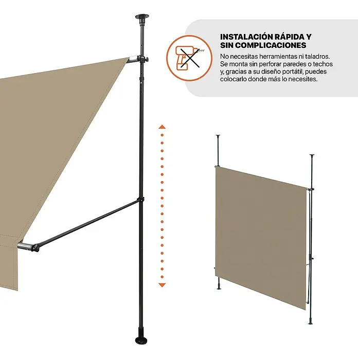 SmartSun Toldo para balcón Axis - Beige, Ancho: 2,95 m, Caída: 1,2 m - Pantalla de privacidad retráctil beige con postes negros ajustables para instalación sin herramientas.