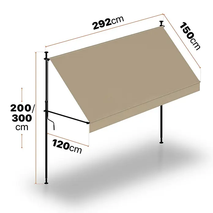 SmartSun Toldo para balcón Axis - Beige, Ancho: 2,95 m, Caída: 1,2 m - Toldo beige ajustable con postes de soporte, de 292cm de largo y 150cm de ancho, con un rango de altura de 200-300cm.