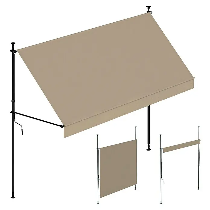 SmartSun Toldo para balcón Axis - Beige, Ancho: 2,95 m, Caída: 1,2 m - Sistema de toldo retráctil beige con postes de soporte negros y paneles parasol laterales y frontales adicionales.