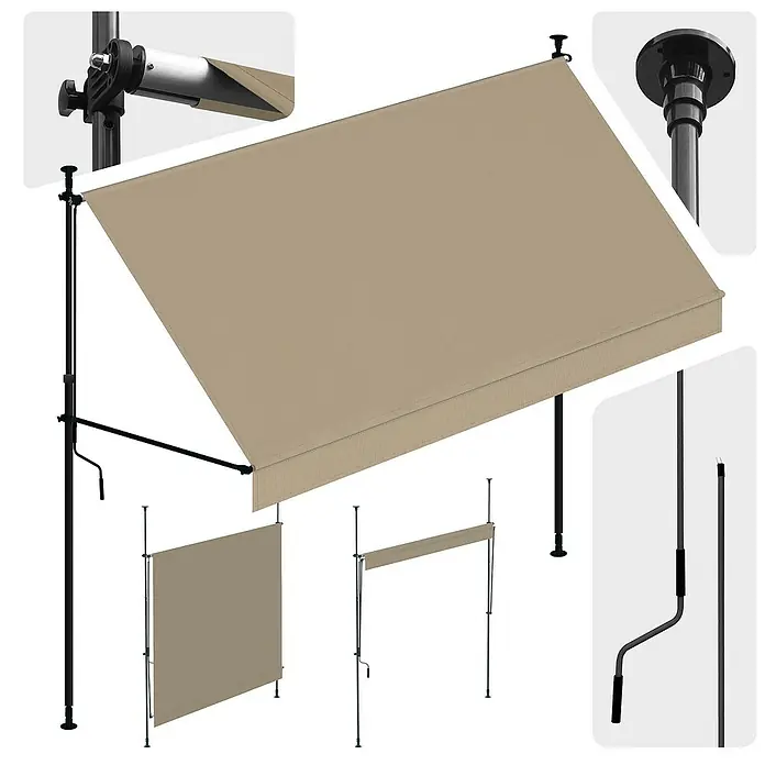 SmartSun Toldo para balcón Axis - Beige, Ancho: 2,95 m, Caída: 1,2 m - Toldo exterior beige retráctil con postes de soporte negros, manivella y varios accesorios de montaje para una configuración versátil.