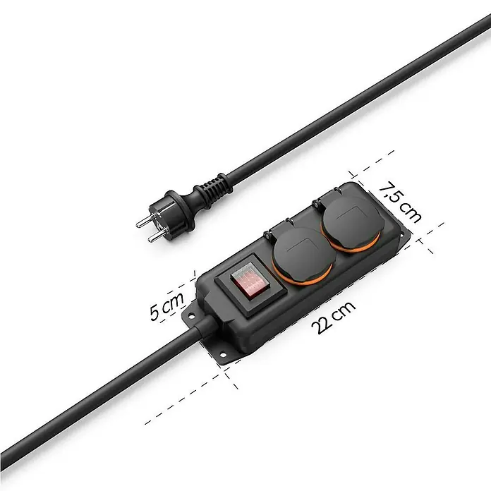 Hama Steckdosenleiste 2-fach 00223062 IP44 Wandmontage - Kabellänge: 2 m - Schwarze Outdoor-Steckdoseneinheit mit zwei spritzwassergeschützten Steckdosen, beleuchtetem Schalter und Maßen 22x7,5x5 cm.