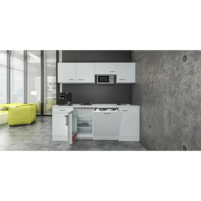 Flex-Well Wito Singleküche - Breite: 210 cm, Weiß, Mit 2-Platten-Kochfeld & Mikrowelle - Kompakte weiße Küchenzeile mit Kühlschrank, Geschirrspüler und Mikrowelle in modernem Raum.