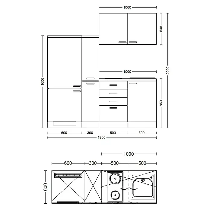 Flex-Well Wito Singleküche - Breite: 190 cm, Weiß, Mit Elektrogeräten - Technische Zeichnung einer modularen Küchenzeile mit Kühlschrank, Unterschränken, Hängeschränken, Kochfeld und Spüle, inkl. Maße.