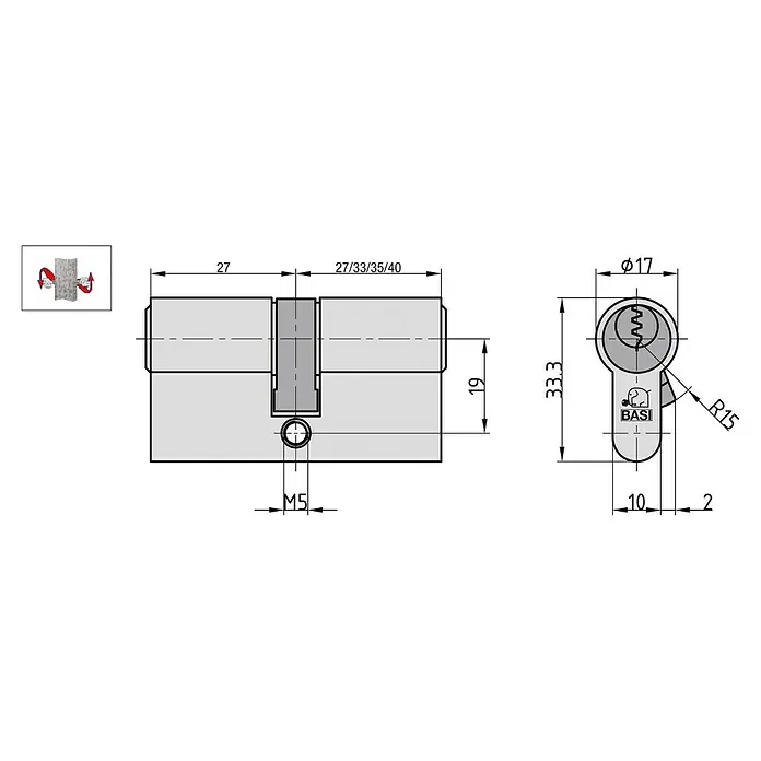 Basi Profilzylinder V50 mit N+G - Baulänge innen: 27 mm, Baulänge außen: 27 mm, Material Zylinder: Messing, Profilschlüssel, Mit Not- & Gefahrenfunktion - Technische Zeichnung eines Doppelzylinders mit Maßen und M5-Befestigungsschraubenloch, inklusive BASI-Logo.