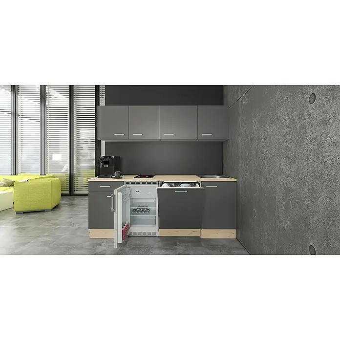 Flex-Well Tiago Singleküche - Breite: 210 cm, Grau, Mit 2-Zonen-Glaskeramikkochfeld - Eine kompakte, dunkelgraue Küchenzeile mit Holzplatte in modernem Wohnraum, mit offenem Minikühlschrank und Geschirrspüler, Kochfeld, Spüle und Kaffeemaschine.