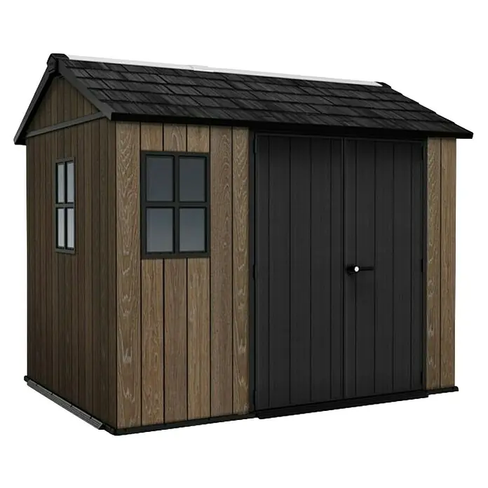 Keter Caseta de jardín Apex 759-975 - Medidas ext. (An x Pr): 287 x 230 cm, Plástico, Nogal/Negro - Caseta de jardín marrón con aspecto de madera, techo oscuro, puertas dobles negras y dos ventanas.