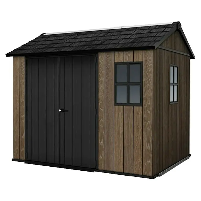 Keter Caseta de jardín Apex 759-975 - Medidas ext. (An x Pr): 287 x 230 cm, Plástico, Nogal/Negro - Caseta de jardín de imitación madera oscura con techo negro, puertas dobles y dos ventanas.