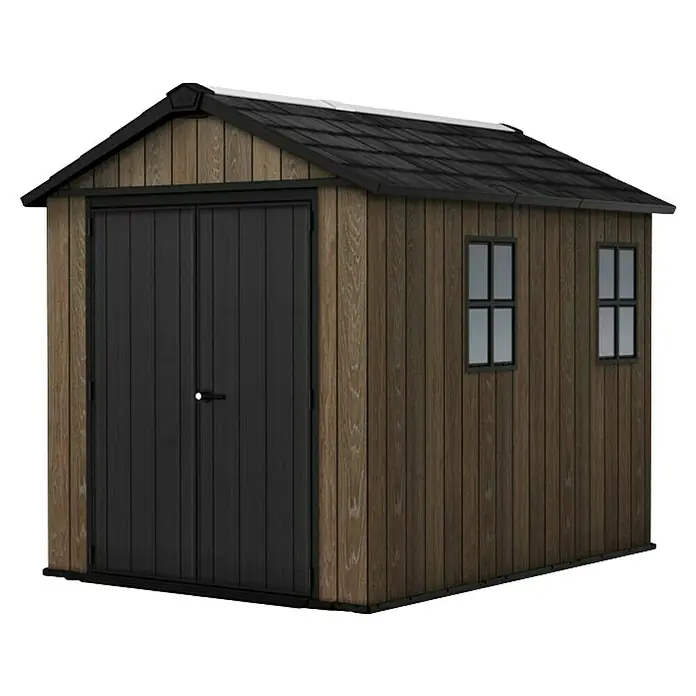 Keter Caseta de jardín Apex 759-975 - Medidas ext. (An x Pr): 287 x 230 cm, Plástico, Nogal/Negro - Caseta de jardín marrón efecto madera con puertas dobles negras y dos ventanas.