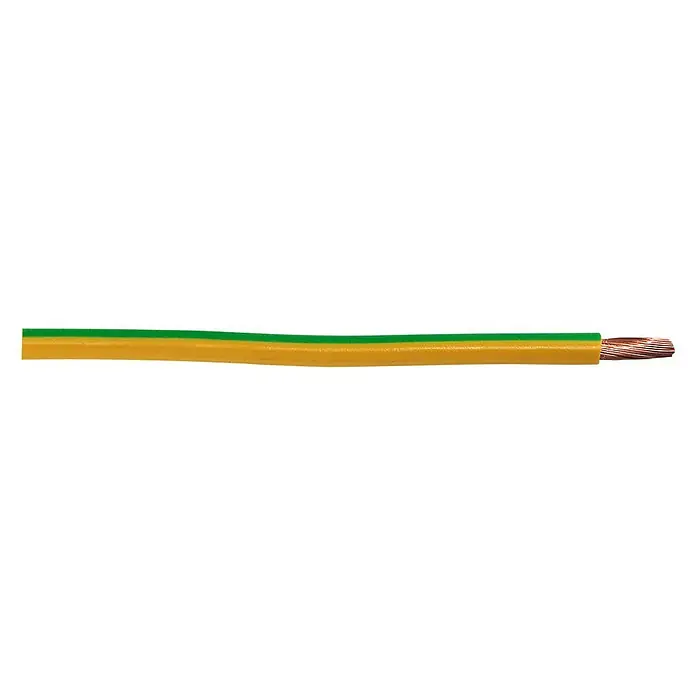 Aderleitung Meterware H07 V-K 1x6 mm² - Anzahl Adern: 1, Grün/Gelb, 6 mm² - Nahaufnahme eines Erdungskabels mit gelb-grüner Isolierung und freiliegenden Kupferdrähten.