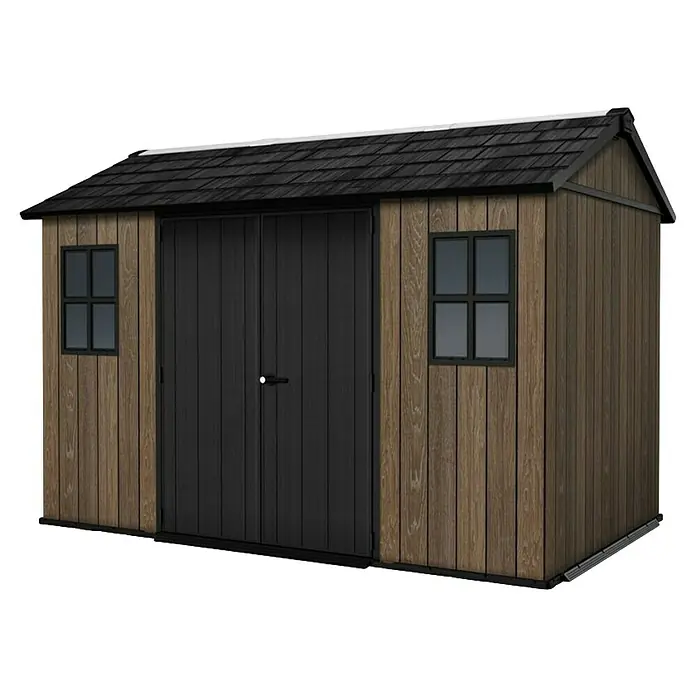 Keter Caseta de jardín Apex 7511-1175 - Medidas ext. (An x Pr): 350 x 230 cm, Plástico, Nogal/Negro - Caseta de almacenamiento con aspecto de madera, revestimiento marrón, puertas dobles negras, techo de tejas negras y dos ventanas con marcos negros.