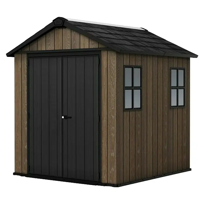 Keter Caseta de jardín Apex 757-775 - Medidas ext. (An x Pr): 223 x 230 cm, Plástico, Nogal/Negro - Caseta de jardín marrón con aspecto de madera, techo negro, puertas dobles y dos ventanas para almacenamiento exterior.