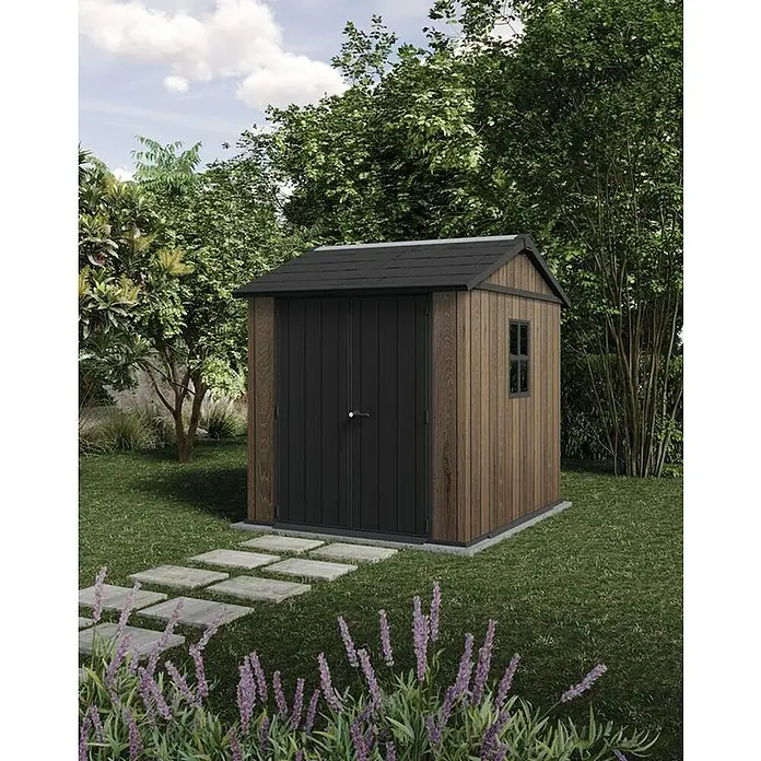 Keter Caseta de jardín Apex 757-775 - Medidas ext. (An x Pr): 223 x 230 cm, Plástico, Nogal/Negro - Caseta de jardín con paneles efecto madera oscura y detalles negros.