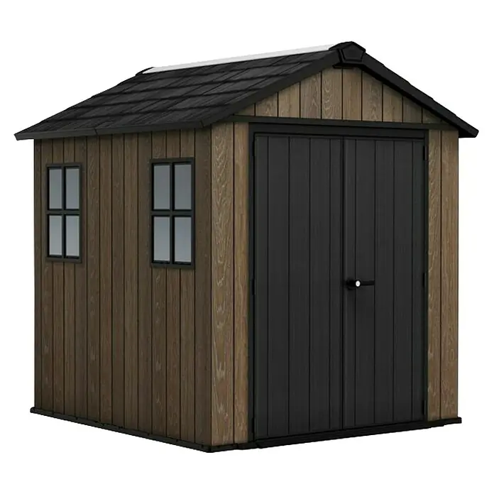 Keter Caseta de jardín Apex 757-775 - Medidas ext. (An x Pr): 223 x 230 cm, Plástico, Nogal/Negro - Caseta de jardín marrón efecto madera con techo negro, puertas dobles y dos ventanas.